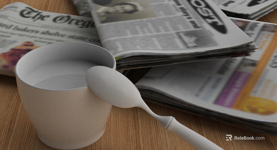 Cup Spoon And Newspapers On Wooden Table 3d model 