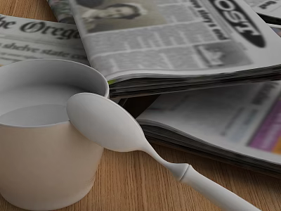 Cup Spoon And Newspapers On Wooden Table 3d model