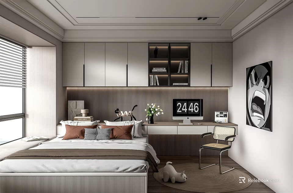 Modern Tatami Bedroom Interior with Built-in Cabinetry Desk Lighting and Decorative Art 3d model 