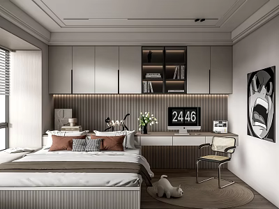 Modern Tatami Bedroom Interior with Built-in Cabinetry Desk Lighting and Decorative Art 3d model