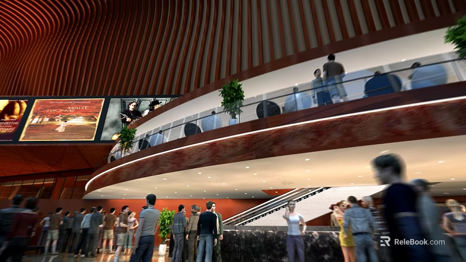 Modern Cinema Interior Design With Multi Level Lobby Glass Railings And Green Plants 3d model 