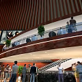 Modern Cinema Interior Design With Multi Level Lobby Glass Railings And Green Plants