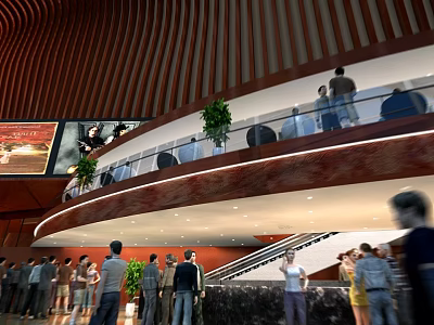 Modern Cinema Interior Design With Multi Level Lobby Glass Railings And Green Plants 3d model