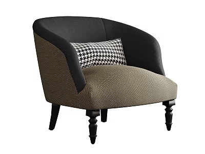 Modern Accent Chair with Black and Beige Upholstery and Checkered Pillow 3d model