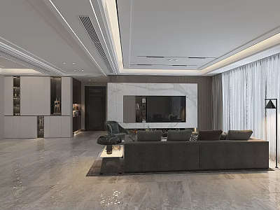Sleek Modern Luxury Living Room With Marble TV Wall And Large Comfortable Sofa Interior Design 3d model