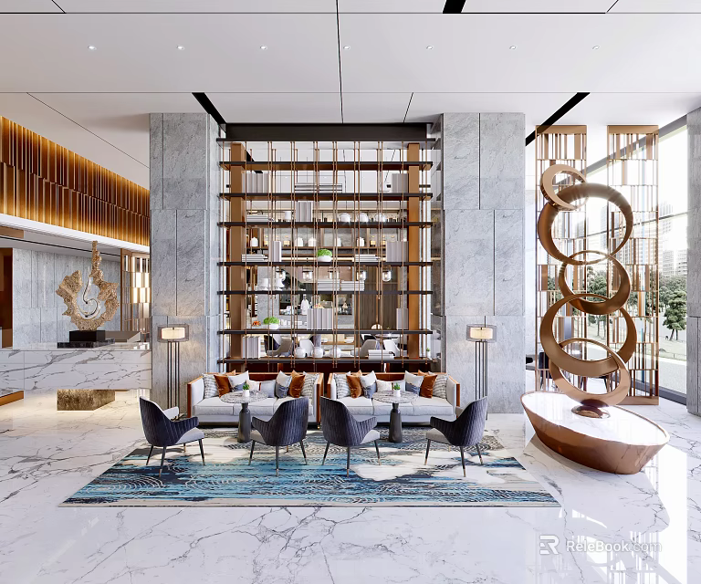 Modern Hotel Lobby Interior With Marble Flooring Sofa Seating And Artistic Sculpture 3d model 