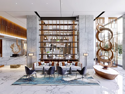 Modern Hotel Lobby Interior With Marble Flooring Sofa Seating And Artistic Sculpture 3d model