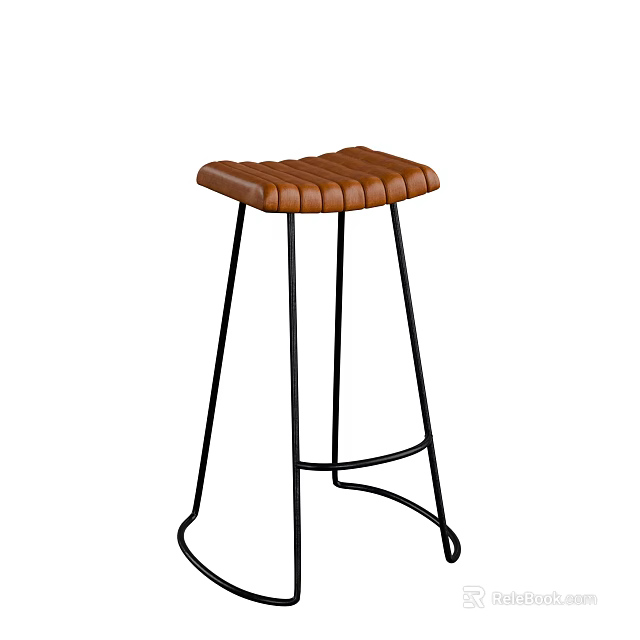 Modern Brown Leather Bar Stool With Black Metal Legs And Ribbed Seat Design 3d model 