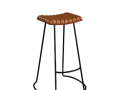Modern Brown Leather Bar Stool With Black Metal Legs And Ribbed Seat Design 3d model
