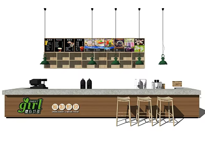 Girl Cafe Bar Counter With Menu Board Pendant Lights And Bar Stools 3d model