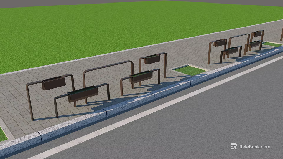 Roadside Facilities With Metal Benches Paved Sidewalk Curb And Green Grass Area 3d model 
