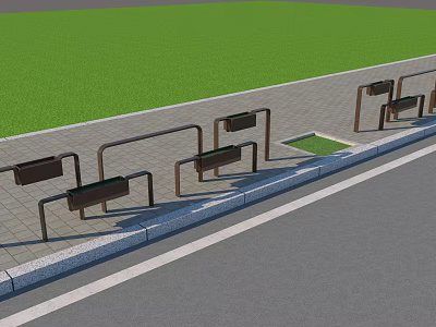Roadside Facilities With Metal Benches Paved Sidewalk Curb And Green Grass Area 3d model