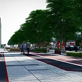 Municipal Road With Covered Parking Canopy Landscaped Areas Parked Cars And Pedestrians