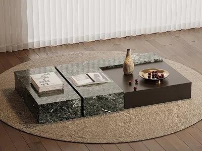 Modular Marble Coffee Table With Books Vase And Fruit Bowl On Jute Rug 3d model