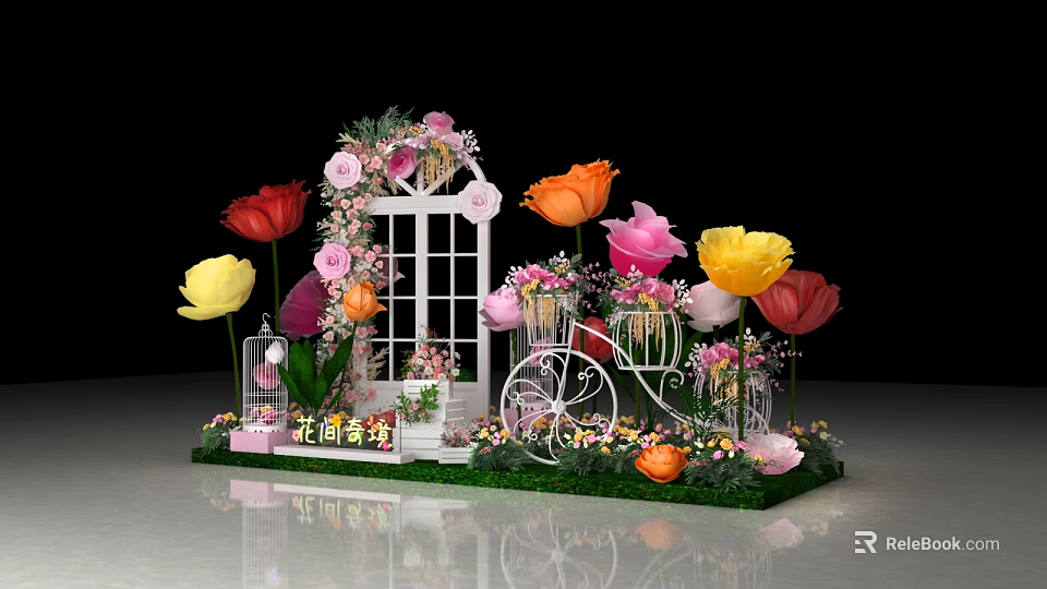 Floral Installation Featuring Decorative Door Large Colorful Flowers Bicycle Stand Caged Decorations And Grass Base 3d model 