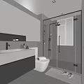 Modern Bathroom Interior With Gray Cabinets Double Sink Vanity Large Mirror And Glass Shower 3d model