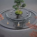 Circular Water Fountain Featuring Central Tree Swan Sculptures Illuminated Lights and Red Maple Trees