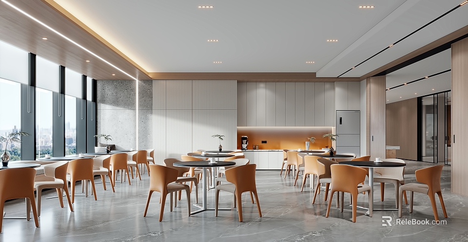 Modern Break Room Design with Open Concept Space Tables Chairs and Bright Lighting 3d model 