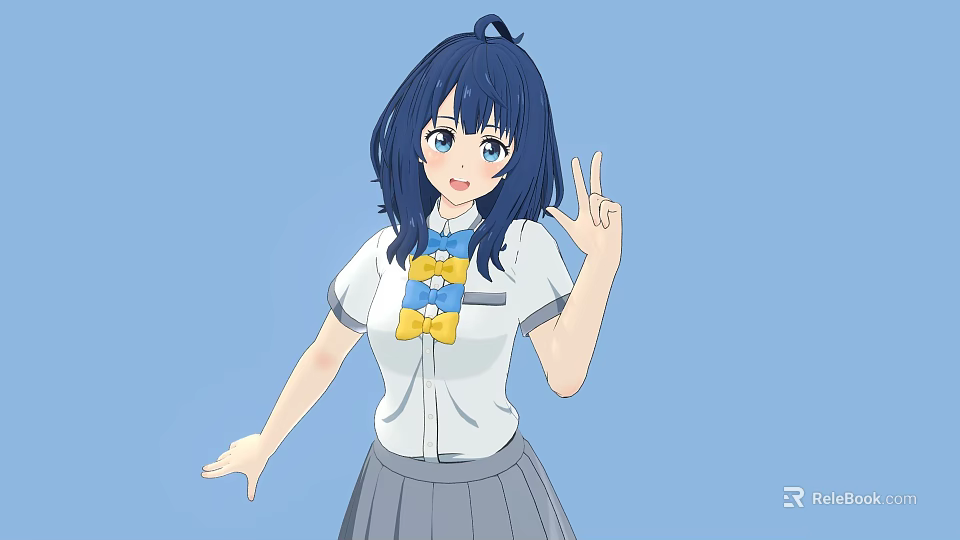 Woman with Blue Hair and Blue Eyes Making Peace Sign Wearing White Shirt Gray Skirt 3d model 