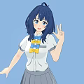 Woman with Blue Hair and Blue Eyes Making Peace Sign Wearing White Shirt Gray Skirt