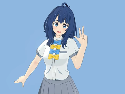 Woman with Blue Hair and Blue Eyes Making Peace Sign Wearing White Shirt Gray Skirt 3d model