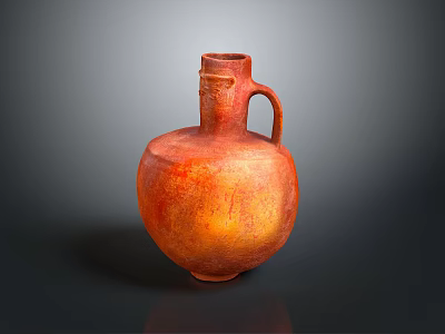 Hand Carved Orange Red Pottery Vase With Handle And Textured Surface 3d model