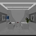 Modern Lounge Area with White Sofas Small Table Flowers Wavy Wall Decorative Paintings Green Plant