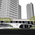 Modern Sales Office Building With Curved Roof Greenery And Surrounding High Rise Buildings