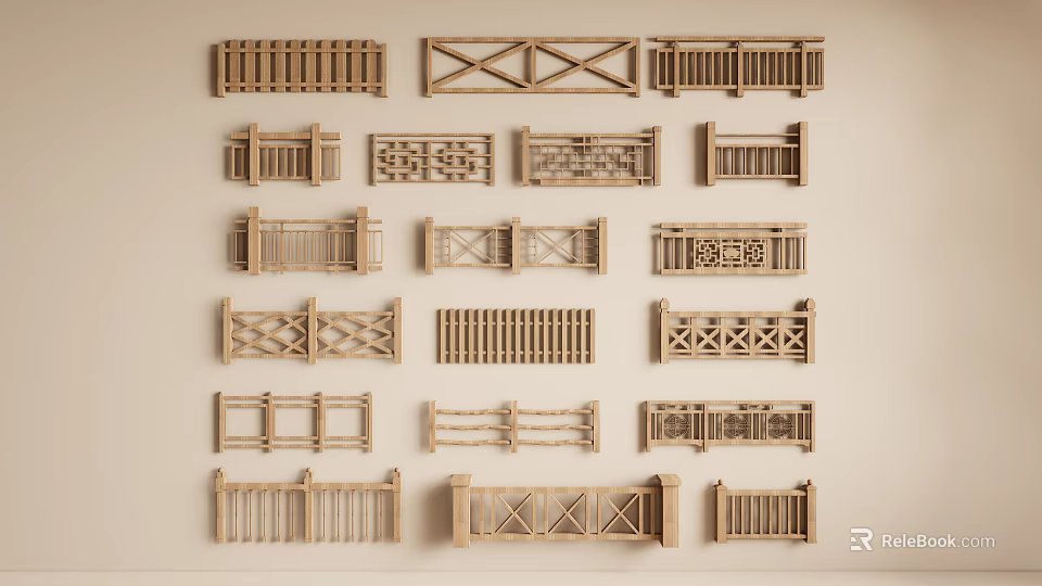 Various Wooden Railing Designs Showcased in Different Patterns and Styles 3d model