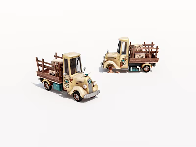 Beige Truck Models With Wooden Cargo Beds And Loaded Wooden Planks 3d model