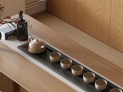Wooden Countertop Tea Set with Black Tray Teapot Six Cups Red Decor Wooden Wall Background 3d model