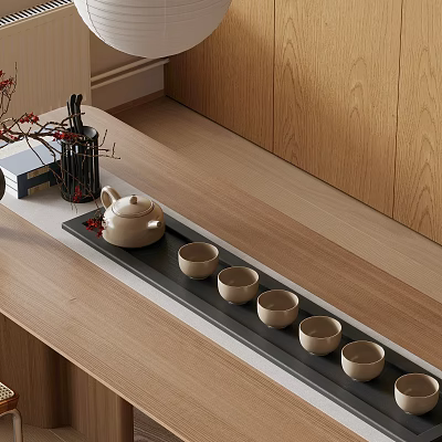 Wooden Countertop Tea Set with Black Tray Teapot Six Cups Red Decor Wooden Wall Background 3d model