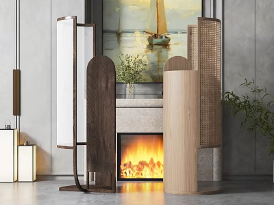 Modern Wooden Room Dividers With Marble Fireplace And Green Plants Artwork 3d model
