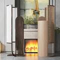 Modern Wooden Room Dividers With Marble Fireplace And Green Plants Artwork