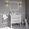 Modern Bathroom Vanity with Mirror Wall Sconces Tiles Towel Rack and White Countertop