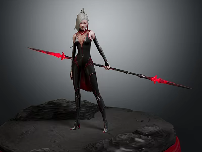 White Haired Female Warrior Wielding Red Glow Spear in Black Outfit on Rocky Platform 3d model