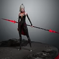 White Haired Female Warrior Wielding Red Glow Spear in Black Outfit on Rocky Platform