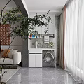 Modern Living Room With Beige Sofa Brown Geometric Art White Cabinets Washing Machine And Curtains