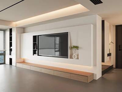 Modern TV Wall Interior Design With Wooden Cabinet Embedded Screen And Decorative Plant 3d model