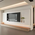 Modern TV Wall Interior Design With Wooden Cabinet Embedded Screen And Decorative Plant
