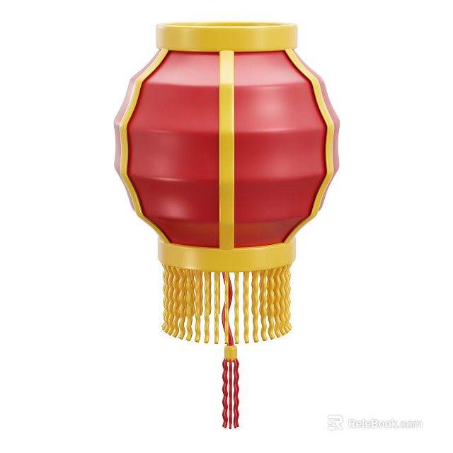 Chinese Traditional Red Lantern Decorative Ornament Set With Yellow Stripes And Tassels 3d model 