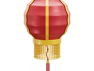 Chinese Traditional Red Lantern Decorative Ornament Set With Yellow Stripes And Tassels 3d model