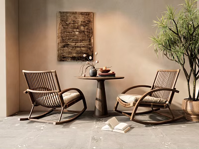 Cozy Wooden Rocking Chairs With Small Round Table Green Plant And Wall Painting 3d model