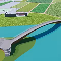 Modern Landscape Bridge Design Connecting Urban Buildings Over River With Green Spaces