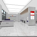 Modern Bank Lobby Interior With Service Counter Self-service Machines Sofas And Marble Floor