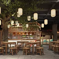 Traditional Japanese Style Restaurant Interior With Hanging Lanterns Wooden Structures And Green Plants