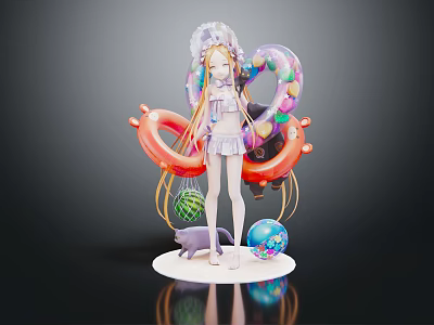 Anime Character With Long Blonde Hair And Cute Cat Near Colorful Balloons Swimming Ring 3d model
