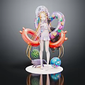 Anime Character With Long Blonde Hair And Cute Cat Near Colorful Balloons Swimming Ring