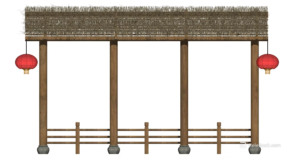 Traditional Architectural Components With Wooden Columns Stone Bases And Wooden Railings 3d model 