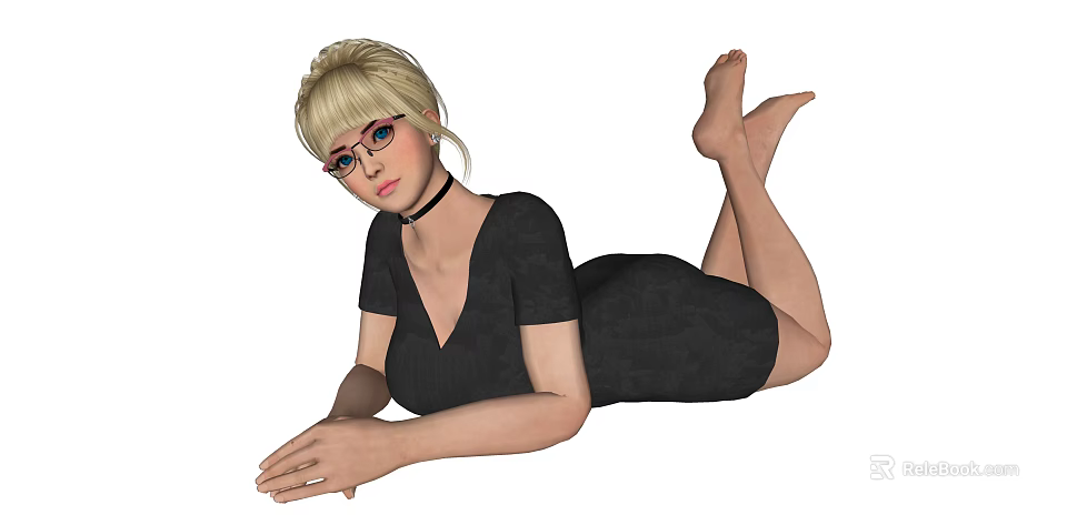 Blonde woman in black dress wearing glasses lying on floor with choker necklace 3d model
